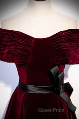 Burgundy Velvet Floor Length Evening Prom Dresses, Elegant Off The Shoulder Party Dresses