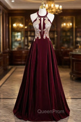 Burgundy Velvet Halter Beading Sequins Evening Prom Dresses