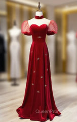 Burgundy Velvet High Neck Puff Sleeve Evening Prom Dresses