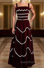 Burgundy Velvet Lace Straps Pearls Evening Prom Dresses