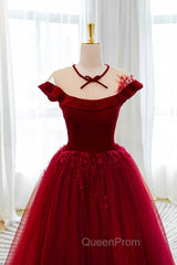 Burgundy Velvet Long A-Line Evening Prom Dresses, Burgundy Evening Dresses