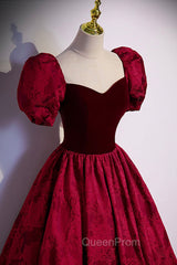 Burgundy Velvet Long A-Line Evening Prom Dresses, Burgundy Short Sleeve Evening Dresses