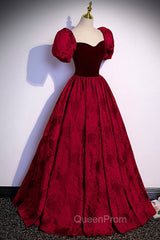 Burgundy Velvet Long A-Line Evening Prom Dresses, Burgundy Short Sleeve Evening Dresses