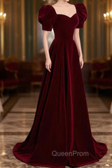 Burgundy Velvet Long A-Line Evening Prom Dresses, Simple Short Sleeve Party Dresses
