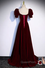 Burgundy Velvet Long A-Line Evening Prom Dresses, Simple Short Sleeve Party Dresses