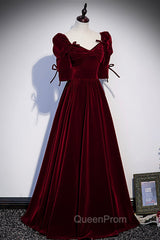 Burgundy Velvet Long Evening Party Dresses, A-Line Short Sleeve Evening Prom Dresses