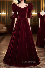 Burgundy Velvet Long Evening Party Dresses, A-Line Short Sleeve Evening Prom Dresses