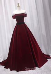 Burgundy Velvet Long Evening Prom Dresses, A-Line Evening Dresses