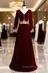 Burgundy Velvet Long Sleeve Appliques V-neck Evening Prom Dresses