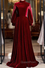 Burgundy Velvet Long Sleeve High Neck Evening Prom Dresses