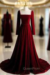 Burgundy Velvet Long Sleeve Pearls Evening Prom Dresses