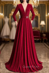 Burgundy Velvet Long Sleeve Pleats Evening Prom Dresses