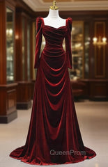 Burgundy Velvet Long Sleeve Pleats Square Neck Evening Prom Dresses
