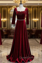 Burgundy Velvet Long Sleeve Square Beading Evening Prom Dresses