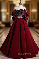Burgundy Velvet Off the Shoulder Black Bow Evening Prom Dresses