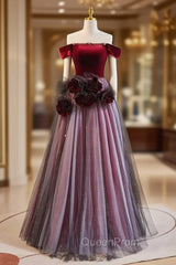 Burgundy Velvet Off the Shoulder Flower Evening Prom Dresses