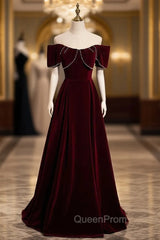 Burgundy Velvet Off the Shoulder Pearls Evening Prom Dresses