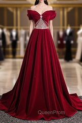 Burgundy Velvet Off the Shoulder Pleats Beading Evening Prom Dresses