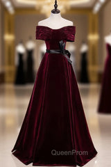 Burgundy Velvet Off the Shoulder Pleats Evening Prom Dresses With Belt