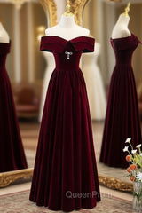 Burgundy Velvet Off the Shoulder Evening Prom Dresses