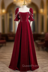 Burgundy Velvet Puff Sleeve Pearls Evening Prom Dresses