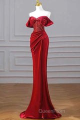 Burgundy Velvet Sequins Long Evening Prom Dresses, Mermaid Off The Shoulder Party Dresses With Slit