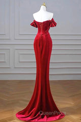 Burgundy Velvet Sequins Long Evening Prom Dresses, Mermaid Off The Shoulder Party Dresses With Slit