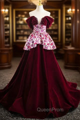 Burgundy Velvet Sequins Off the Shoulder Pearls Evening Prom Dresses