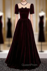 Burgundy Velvet Short Sleeve Bow Evening Prom Dresses