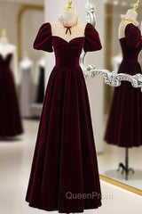 Burgundy Velvet Short Sleeve Evening Prom Dresses