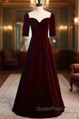 Burgundy Velvet Short Sleeve Scoop Evening Prom Dresses