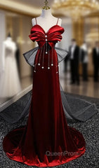 Burgundy Velvet Spaghetti Straps Pleats Evening Prom Dresses