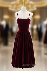 Burgundy Velvet Spaghetti Straps Tea Length Evening Prom Dresses