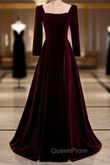 Burgundy Velvet Square Long Sleeve Long Evening Prom Dresses