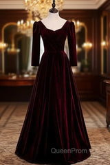 Burgundy Velvet Square Long Sleeve Evening Prom Dresses