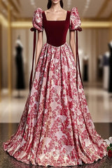 Burgundy Velvet Square Neck Puff Sleeve Evening Prom Dresses