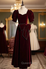 Burgundy Velvet Square Puff Sleeve Pearls Evening Prom Dresses