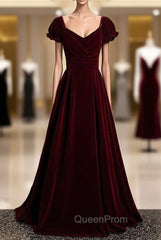 Burgundy Velvet Square Puff Sleeve Pleats Evening Prom Dresses