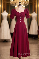 Burgundy Velvet Square Puff Sleeve Evening Prom Dresses
