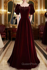 Burgundy Velvet Square Short Sleeve Beading Evening Prom Dresses