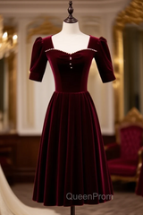 Burgundy Velvet Square Short Sleeve Pearls Evening Prom Dresses