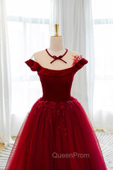 Burgundy Velvet Tulle Floor Length Evening Prom Dresses, Lovely Evening Party Dresses