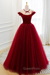 Burgundy Velvet Tulle Floor Length Evening Prom Dresses, Lovely Evening Party Dresses