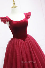 Burgundy Velvet Tulle Tea Length Evening Prom Dresses, Cute A-Line Party Dresses