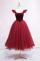 Burgundy Velvet Tulle Tea Length Evening Prom Dresses, Cute A-Line Party Dresses