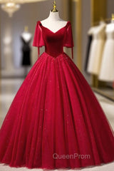 Burgundy Velvet Tulle V-neck Evening Prom Dresses
