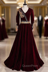 Burgundy Velvet V-neck Long Sleeve Gold Beading Evening Prom Dresses