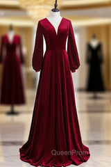 Burgundy Velvet V-neck Long Sleeve Long Evening Prom Dresses