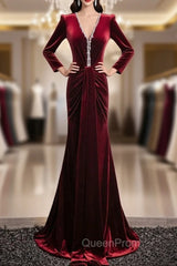 Burgundy Velvet V-neck Long Sleeve Evening Prom Dresses