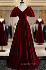 Burgundy Velvet V-neck Puff Sleeve Evening Prom Dresses